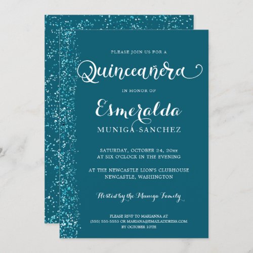 Modern Teal Blue Silver Sparkle Quinceanera Invitation