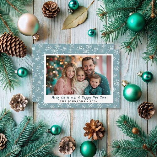 Modern Teal Blue Snowflakes Holiday Photo 