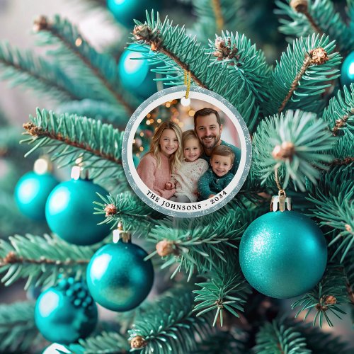 Modern Teal Blue Snowflakes Round Family 2 Sided Ceramic Ornament