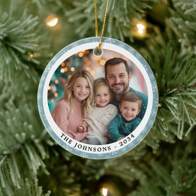 Modern Teal Blue Snowflakes Round Family Photo  Ceramic Ornament (Tree)