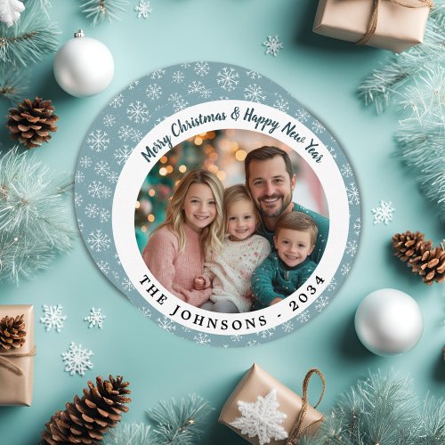 Modern Teal Blue Snowflakes Round Holiday Photo 