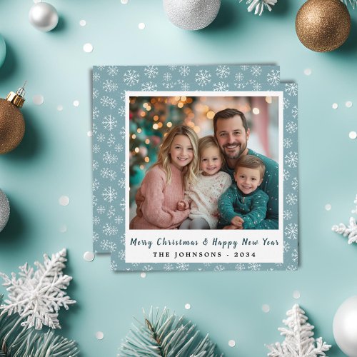 Modern Teal Blue Snowflakes Square Holiday Photo 