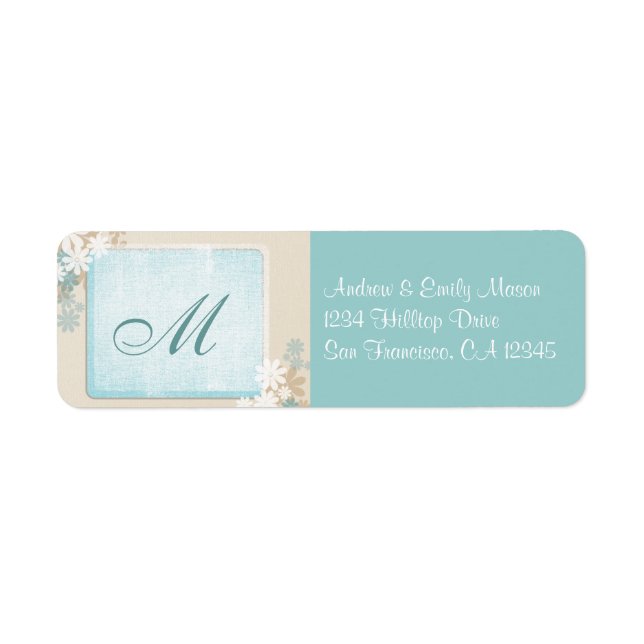 Modern Teal Blue & Tan Floral Monogram Address Lab Label (Front)