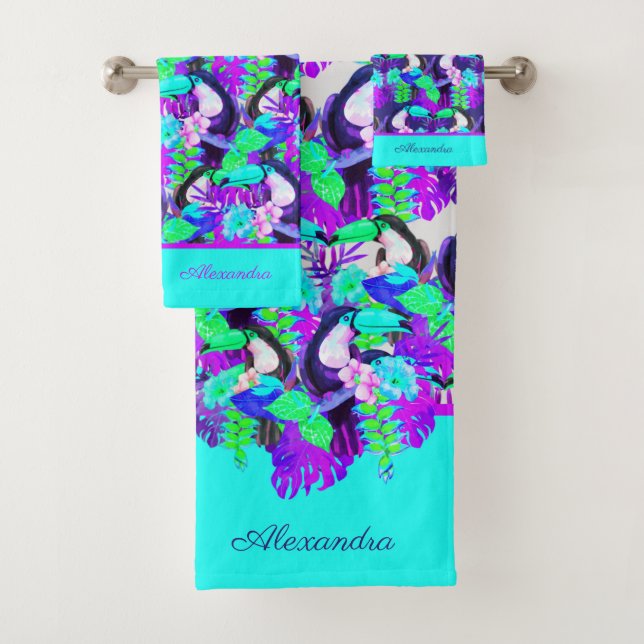 Modern Teal Blue Toucan Monogram Initial Name   Ba Bath Towel Set (Insitu)