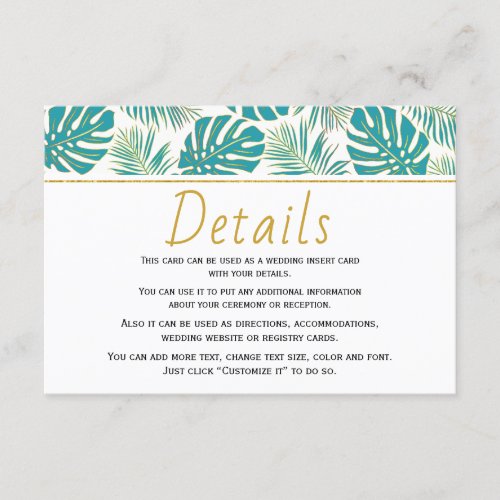 Modern teal blue tropical leaves wedding details enclosure card