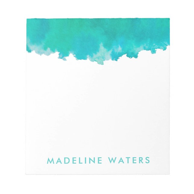Modern Teal Blue Watercolor Chic Monogrammed Notepad (Front)