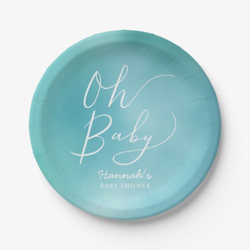 Modern Teal Blue Watercolor Ombre Baby Shower Paper Plates