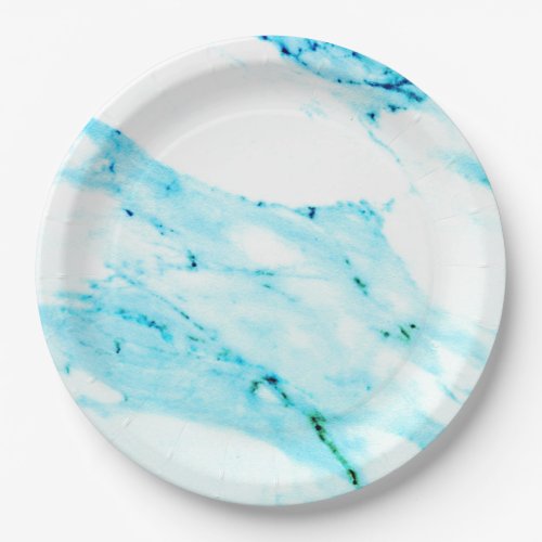 Modern Teal blue white marble pattern  Paper Plates