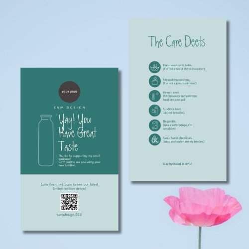 Modern Teal Boho Tumbler Care Instructions QR Code Business Card