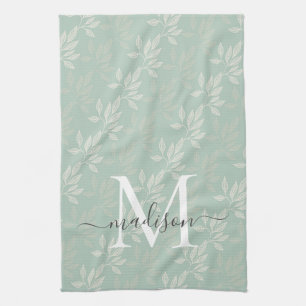 Modern Teal Botanical Leaves Monogram Script Name Kitchen Towel