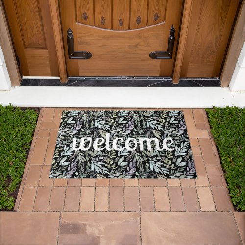 Modern Teal Botanical Pattern White Welcome Doormat