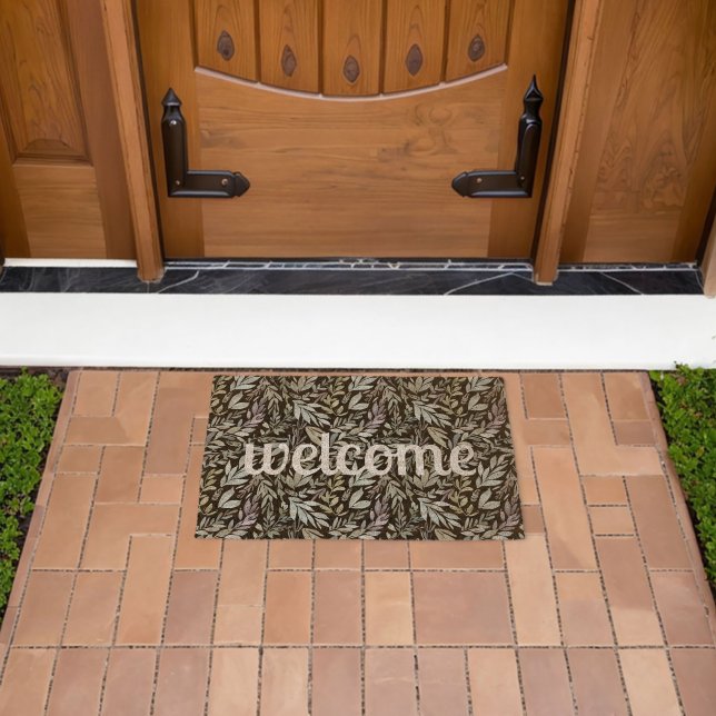 Modern Teal Botanical Pattern White Welcome Fiber Doormat (Insitu (Outdoor))
