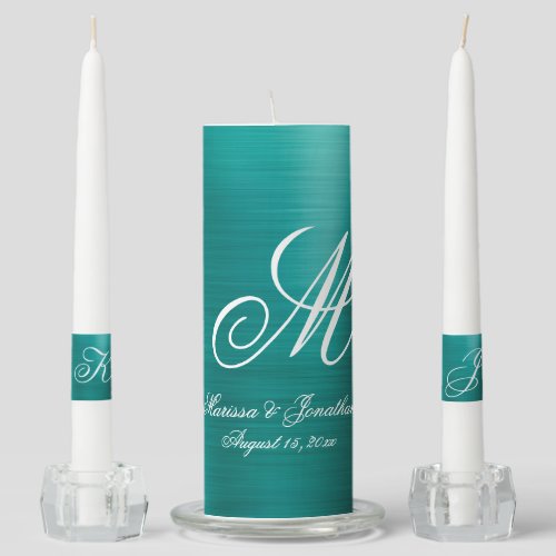 Modern Teal Brushed Metallic Monogram Wedding Unity Candle Set