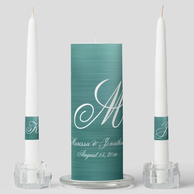 Modern Teal Brushed Metallic Monogram Wedding Unity Candle Set (Front)