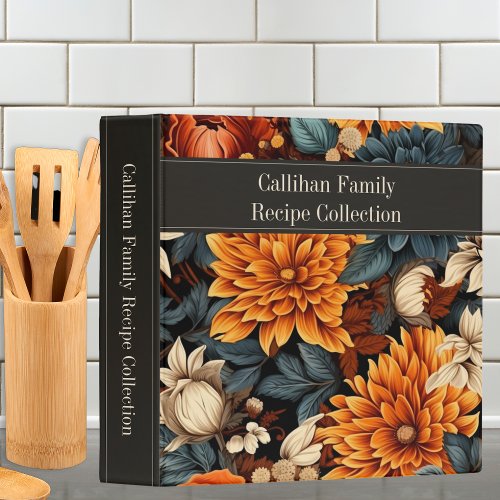 Modern Teal  Burnt Orange Floral Family Recipe 3 Ring Binder