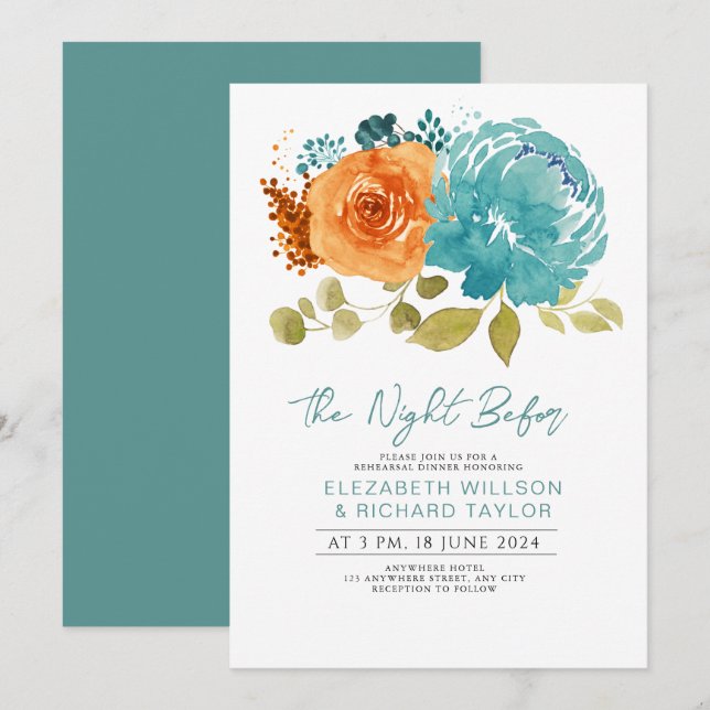 Modern Teal Burnt Orange Floral Rehearsal Dinner Invitation (Front/Back)