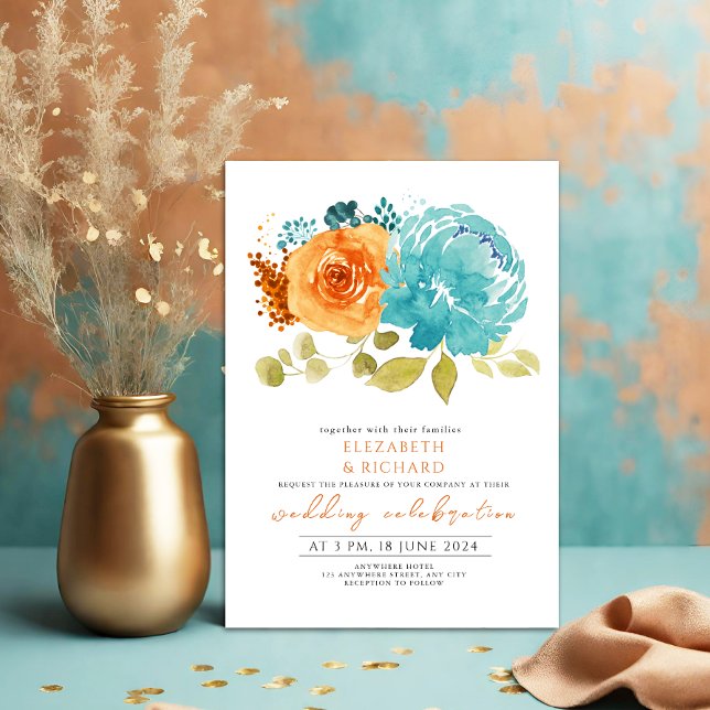 Modern Teal Burnt Orange Marigold Floral Wedding Invitation (Creator Uploaded)