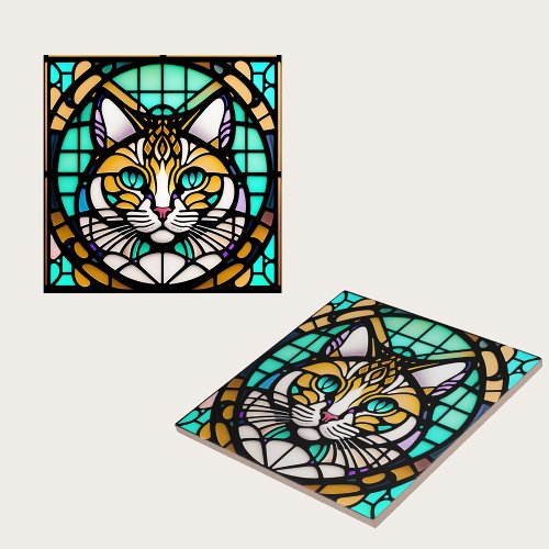 Modern Teal Cat Stained Glass Illustration Ceramic Tile