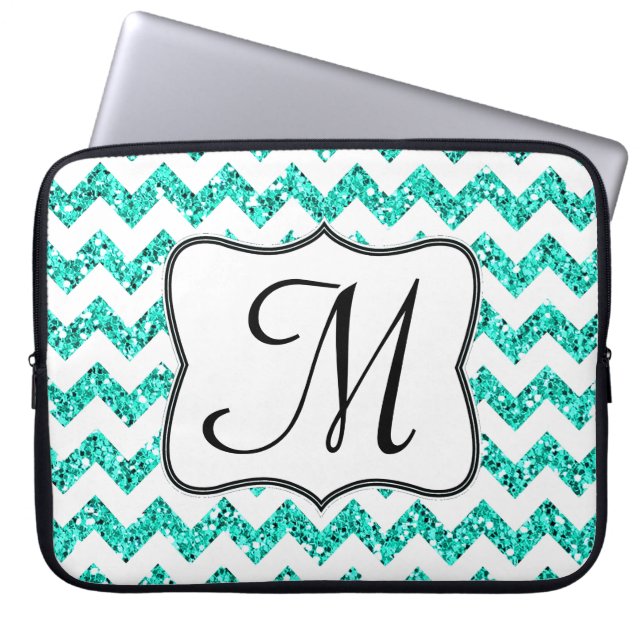 Modern Teal Chevron Monogram 15" Laptop Case (Front)