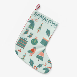 Modern Teal Christmas Pattern Personalised Small Christmas Stocking