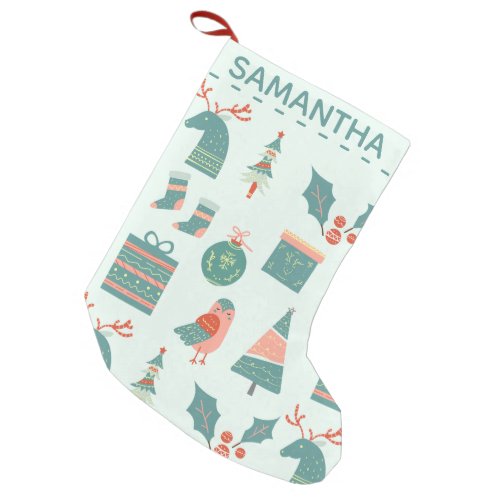 Modern Teal Christmas Pattern Personalised Small Christmas Stocking