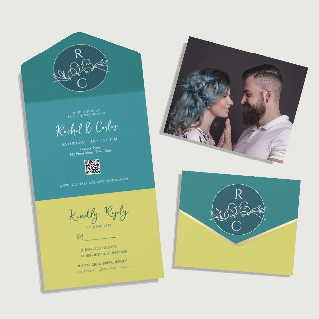 Modern Teal Citrus Green Monogram Photo Wedding All In One Invitation (Creator Uploaded)