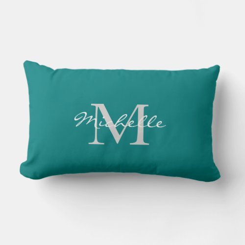 Modern teal colored personal monogram and name lumbar pillow