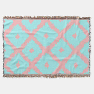 Modern teal coral trendy ikat pattern throw blanket