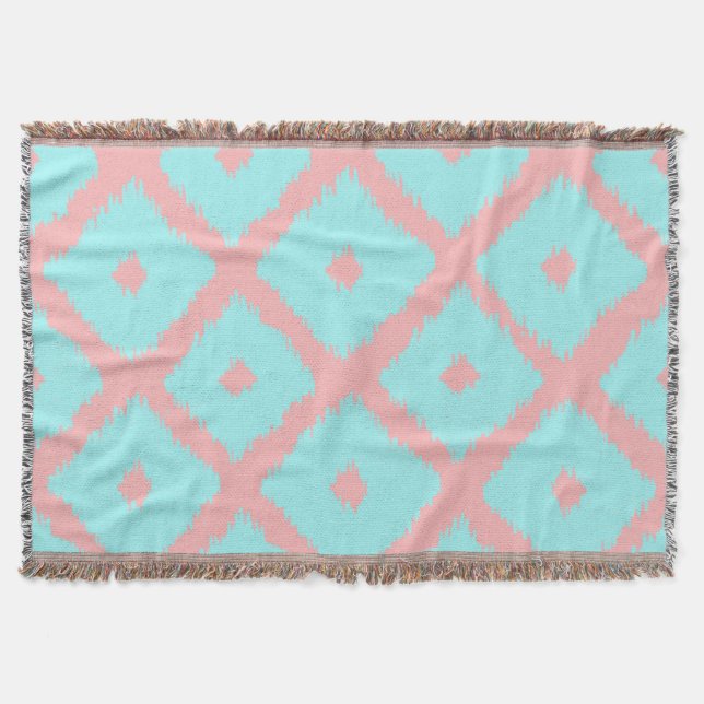 Modern teal coral trendy ikat pattern throw blanket (Front)