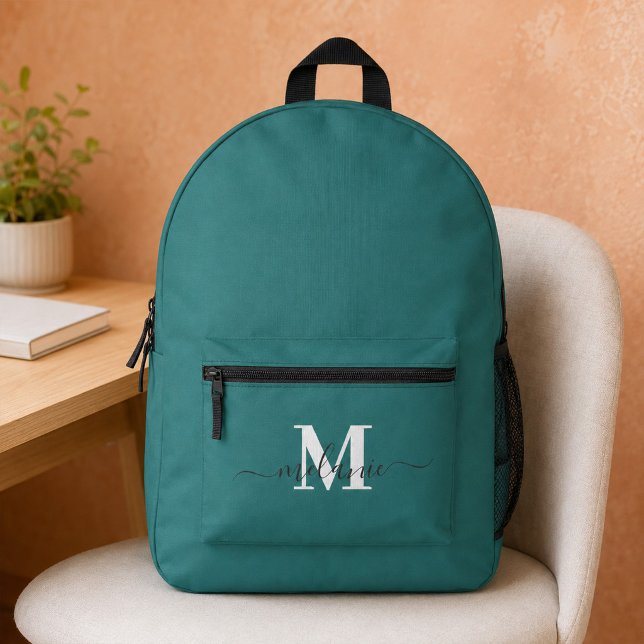 Modern Teal Custom Monogram Name Backpack (Modern Teal Custom Monogram Name Printed Backpack)