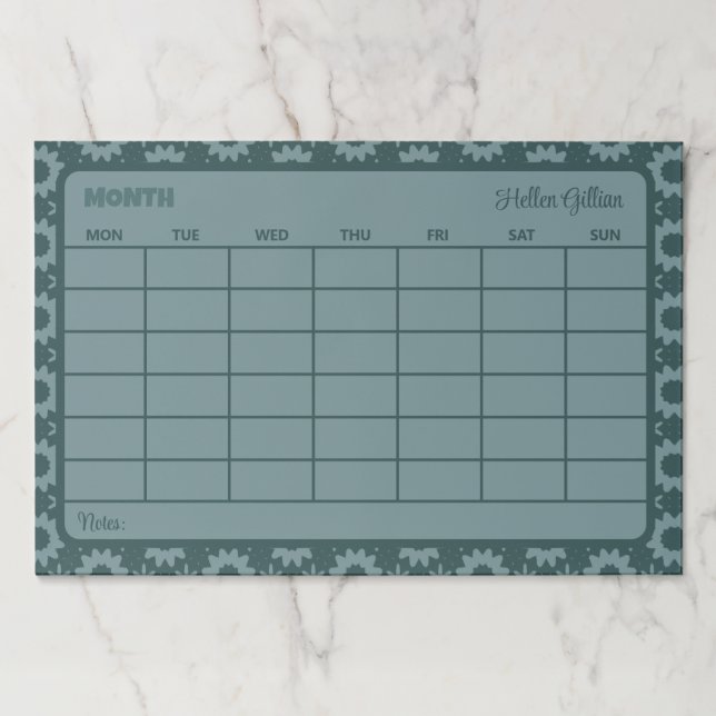 modern teal custom month calendar  paper pad (Front)