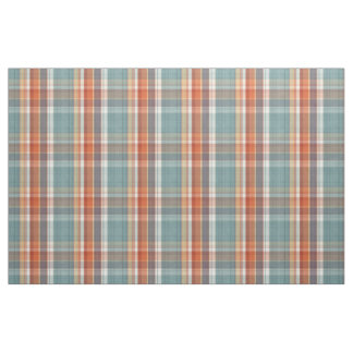 Modern Teal Dark Blue Orange White Plaid Pattern Fabric
