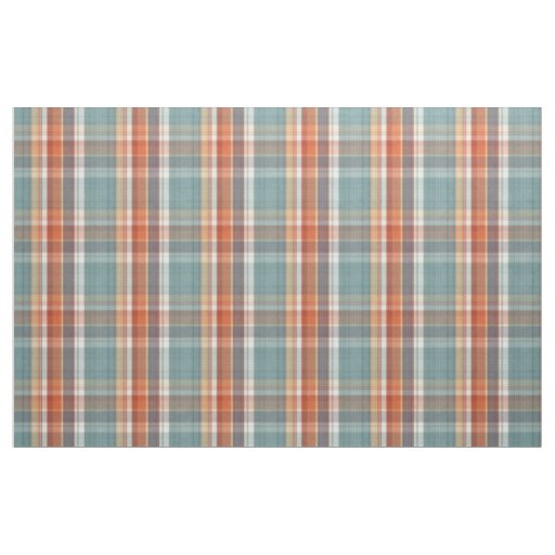 Modern Teal Dark Blue Orange White Plaid Pattern Fabric Zazzle Com