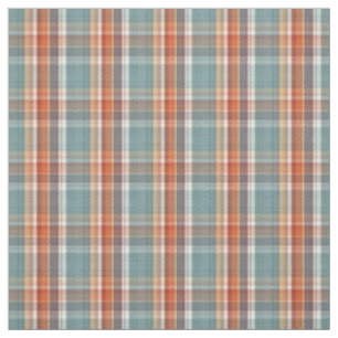 Modern Teal Dark Blue Orange White Plaid Pattern Fabric