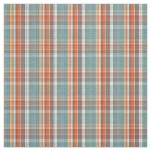 Modern Teal Dark Blue Orange White Plaid Pattern Fabric