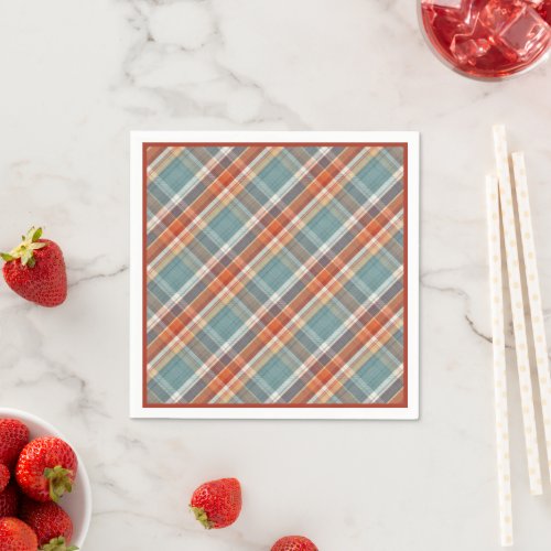 Modern Teal Dark Blue Orange White Plaid Pattern Napkins