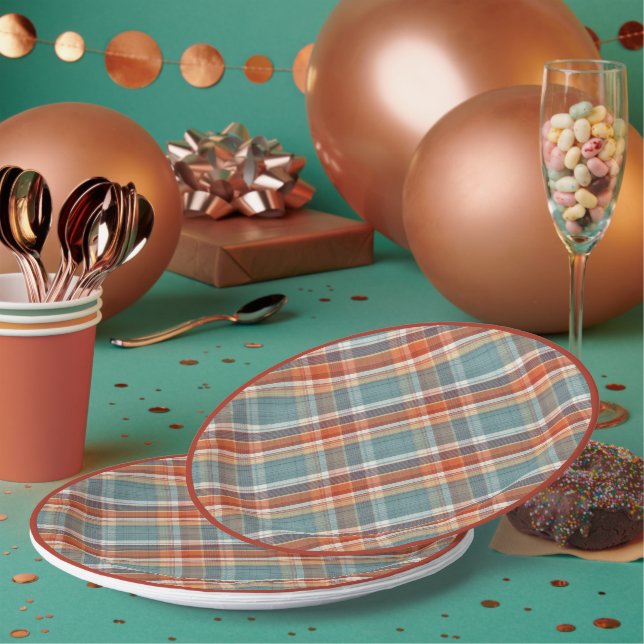 Modern Teal Dark Blue Orange White Plaid Pattern Paper Plates (Multi)