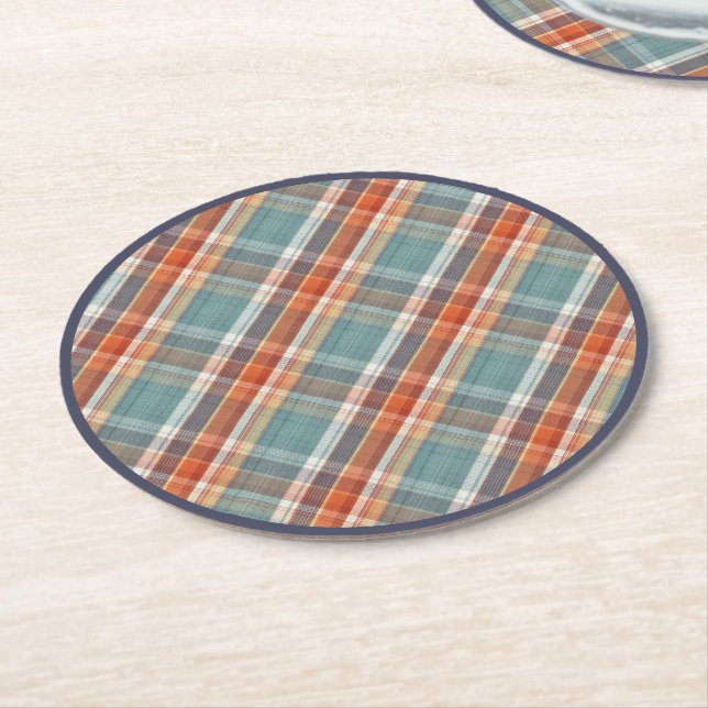 Modern Teal Dark Blue Orange White Plaid Pattern Round Paper Coaster (Angled)