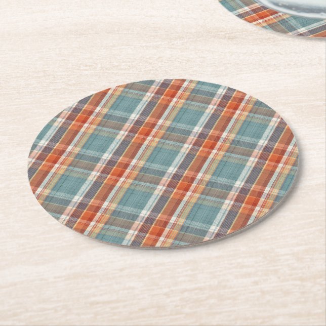 Modern Teal Dark Blue Orange White Plaid Pattern Round Paper Coaster (Angled)