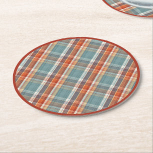Modern Teal Dark Blue Orange White Plaid Pattern Round Paper Coaster