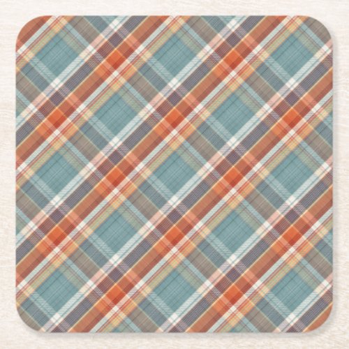 Modern Teal Dark Blue Orange White Plaid Pattern Square Paper Coaster
