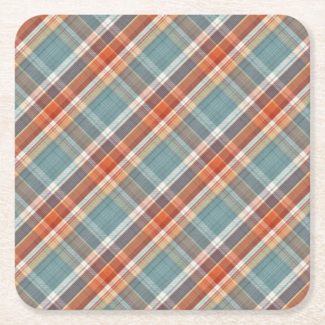 Modern Teal Dark Blue Orange White Plaid Pattern Square Paper Coaster (Front)