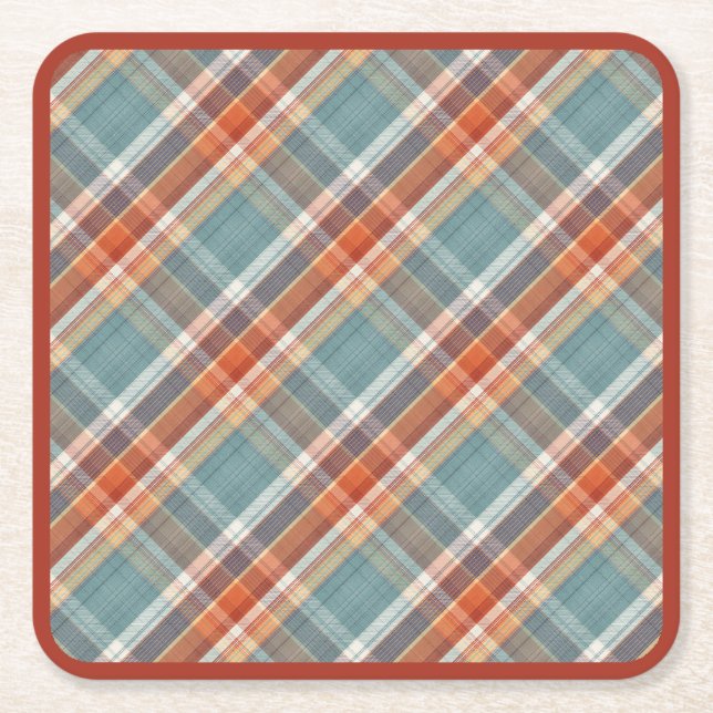 Modern Teal Dark Blue Orange White Plaid Pattern Square Paper Coaster (Front)