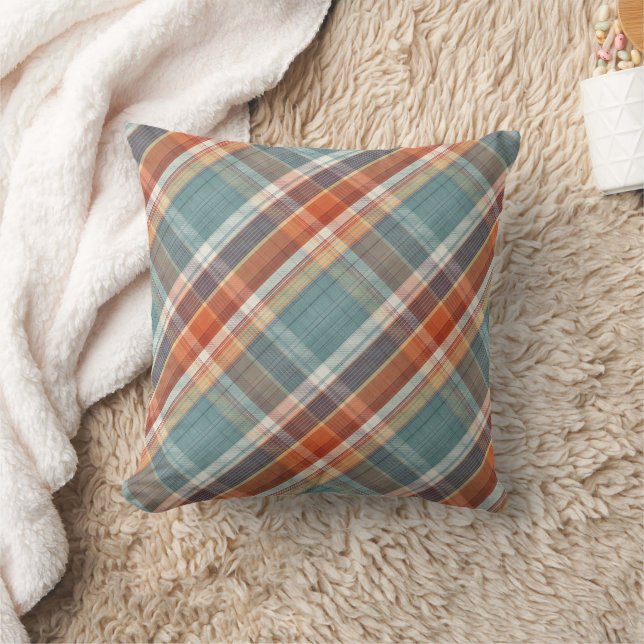 Modern Teal Dark Blue Orange White Plaid Pattern Throw Pillow (Blanket)