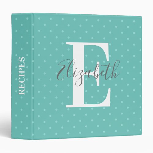 Modern Teal Dot Monogram Name Recipe 3 Ring Binder - Personalized monogram recipe binder featuring a trendy teal background, a cute girly polka dot pattern, your initial, and name in a elegant script font.