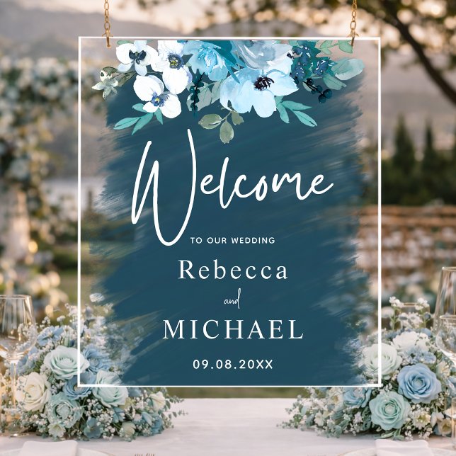 Modern teal dusty blue floral wedding welcome  acrylic sign (Creator Uploaded)