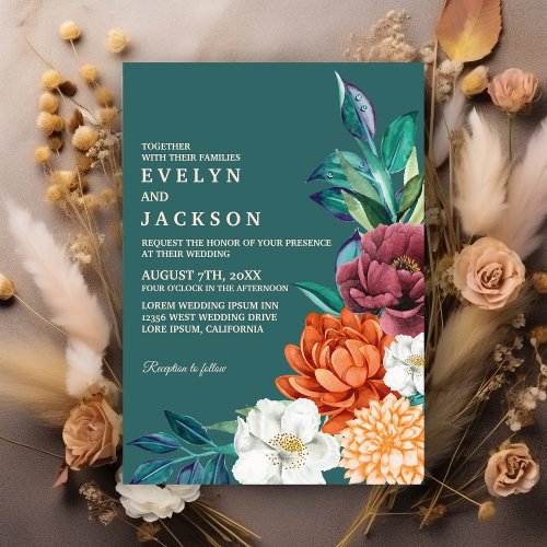 Modern Teal Fall Terracotta Floral Wedding Invitation