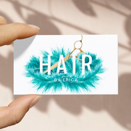 Modern Teal Feather  Gold Scissor Hair Salon Business Card