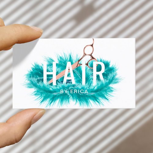 Modern Teal Feather Rose Gold Scissor Hair Salon Business Card