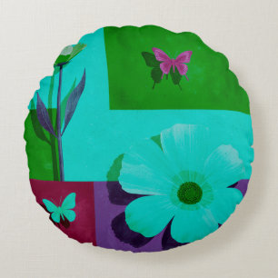 Modern Teal Floral Garden Round Pouf Pillow